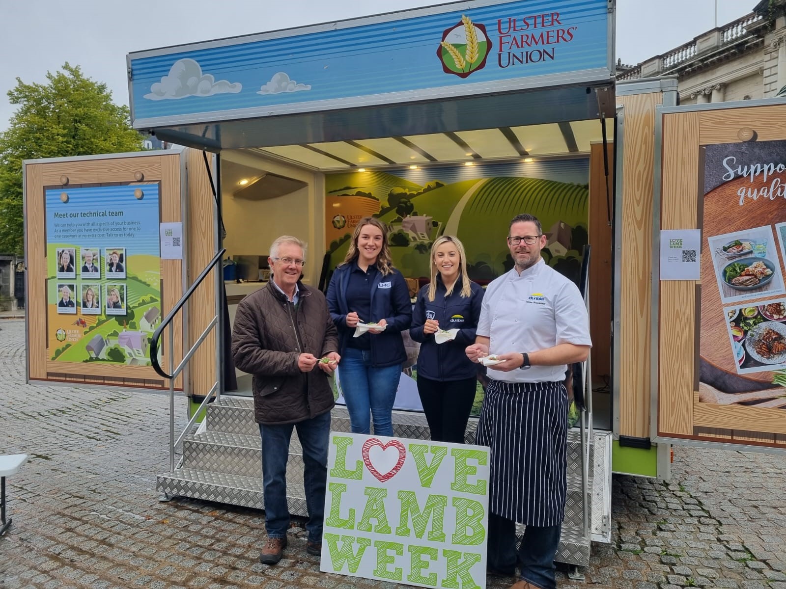 Pictured at the lamb tasting event at Belfast City Hall to mark the beginning of Love Lamb Week 2023, (L-R) sheep farmer and UFU member Ivor Ferguson, LMC marketing and communication assistant Joanne McCay, Dunbia technical account manager Emma Irwin and Dunbia senior development chef James Roedmer.