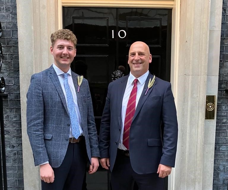(R-L) UFU deputy president John McLenaghan and parliamentary officer Alexander Kinnear outside 10 Downing Street, supporting Back British Farming Day.