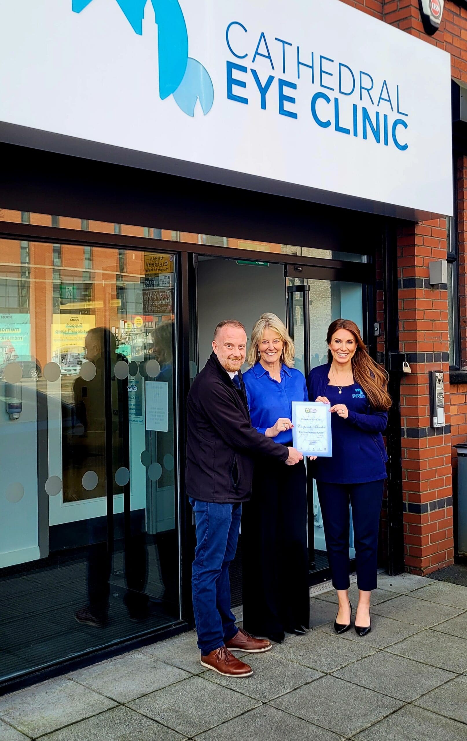 UFU corporate sales executive Craig Scott, Joyce Shaw, Cathedral Eye Clinic and Rachel Lyness, Business Liaison Manager.